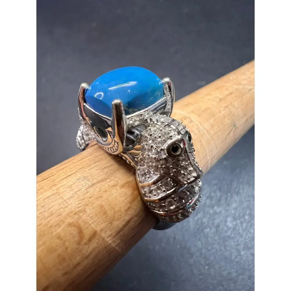 NEW Ceruleite and zircon seahorse ring in sterling silver size 8